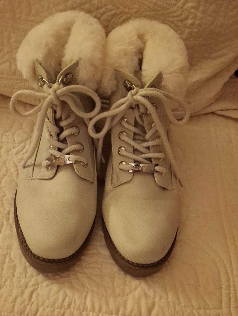 Esprit Cream Lace-Up Faux Fur Ankle Boots